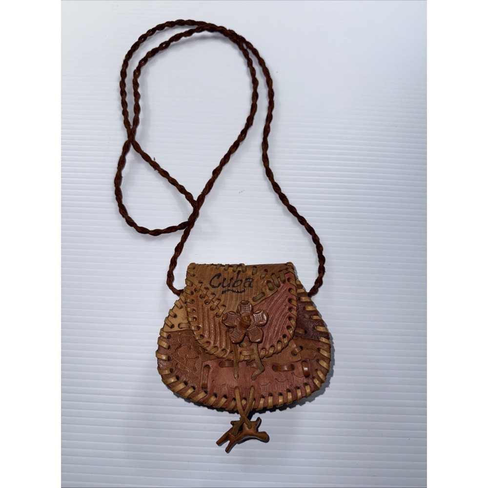 Tooled Brown Patchwork Leather Folk Art Tourist Pouch Mini Bag Cuba